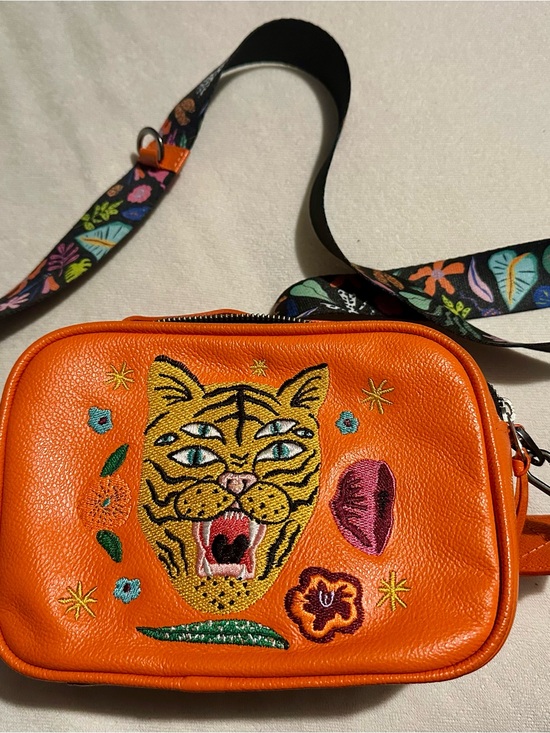 Min & Mon Handbags - Orange Embroidered Tiger Crossbody Bag